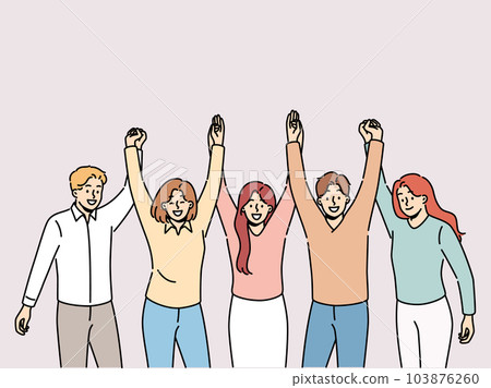 Friendly team holding hands and smiling for concept of successful collaboration to achieve goals Friendly team holding hands and smiling for concept of successful collaboration to achieve goals 103876260