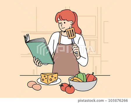 Woman with cookbook is standing in kitchen wanting to cook delicious dinner and vegetables Woman with cookbook is standing in kitchen wanting to cook delicious dinner and vegetables 103876266
