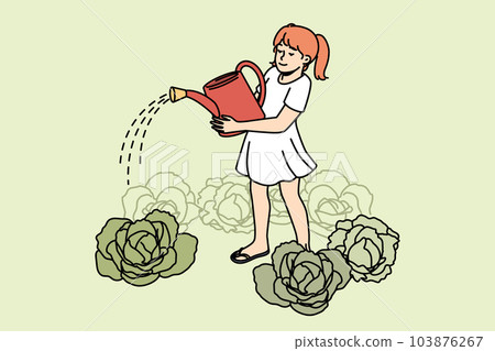 Smiling girl watering vegetables in garden Smiling girl watering vegetables in garden 103876267