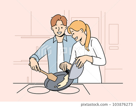 Married couple prepares breakfast enjoying sunday morning standing at kitchen own apartment Married couple prepares breakfast enjoying sunday morning standing at kitchen own apartment 103876273