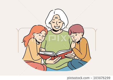Caring grandmother reading book to little grandchildren  103876299