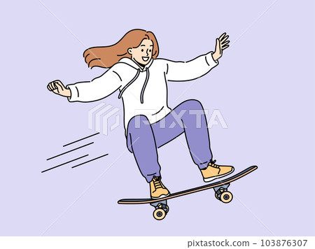 Brave girl skateboarder makes aerial stunt by bouncing on professional ramp in skatepark 103876307