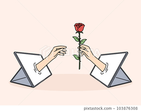 Hand with rose in tablet is metaphor for online relationships and dating using digital gadgets 103876308
