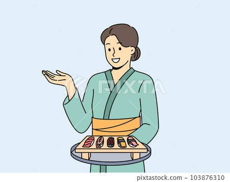 Woman sushi master with maki appetizer on wooden tray dressed in traditional asian kimono Woman sushi master with maki appetizer on wooden tray dressed in traditional asian kimono 103876310