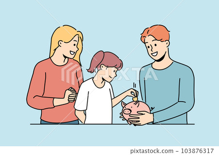 Smiling parents teach child saving money Smiling parents teach child saving money 103876317