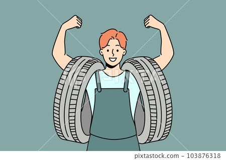 Smiling man with tires on arms Smiling man with tires on arms 103876318