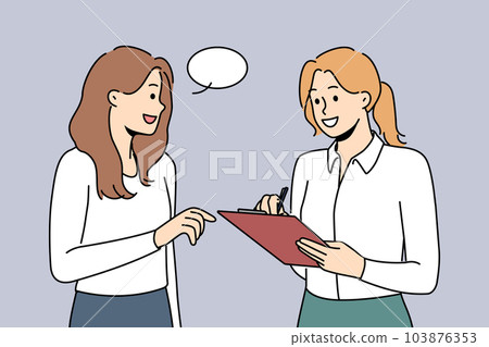 Smiling female interviewer talk with passerby 103876353