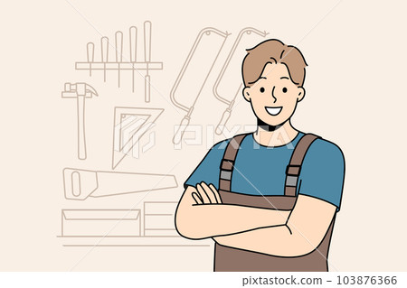 Smiling male carpenter standing in workshop Smiling male carpenter standing in workshop 103876366