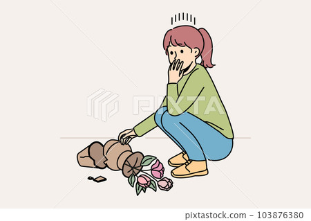 Little girl distressed with broken pot  103876380