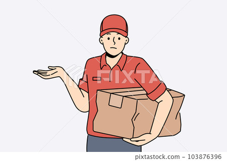 Distressed deliveryman with damaged parcel Distressed deliveryman with damaged parcel 103876396