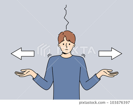 Man cannot make decision and spreads hands standing next to arrows pointing in different directions Man cannot make decision and spreads hands standing next to arrows pointing in different directions 103876397