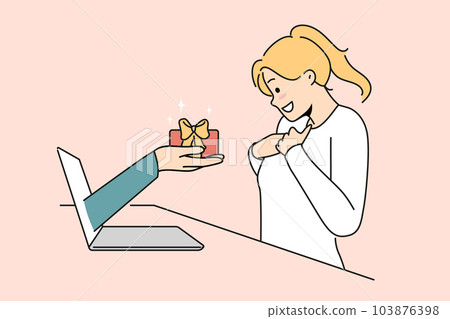 Smiling woman excited with online present  103876398