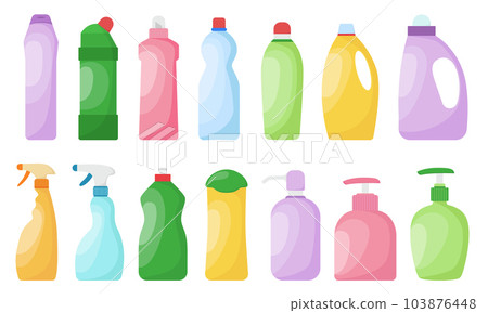 Vector set of detergent empty bottles icons. Detergent bottles mockup icons. Cleaner spray container template. Vector liquid chemical product for housework 103876448