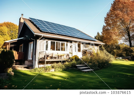 Solar panels on roof of the house renewable energy . Generative AI 103876615