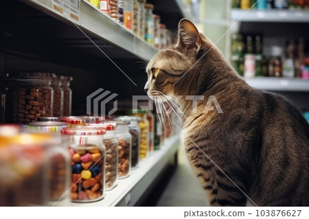 Cute cat in a pet store looking and choosing its own food. Generative AI 103876627
