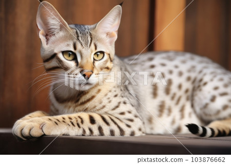 Portrait of a cute cat looking away. Savannah cat breed. Generative AI 103876662