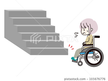 不能爬樓梯的坐在輪椅上的老年婦女 不能爬樓梯的坐在輪椅上的老年婦女 103876776