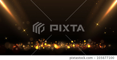 Elegant golden stage horizontal glowing with lighting effect sparkle on black background. Template premium award design. 103877100