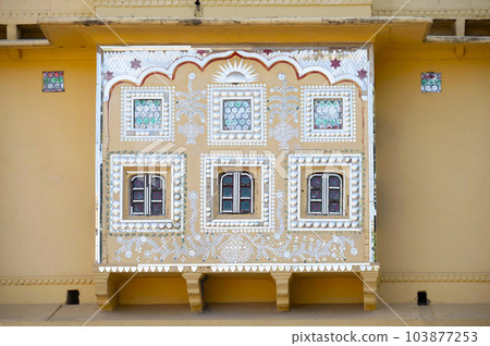 Mirror work on the outer wall of Sheesh Mahal, situated in the premises of Nahargarh Fort, Jaipur, Rajasthan, India 103877253