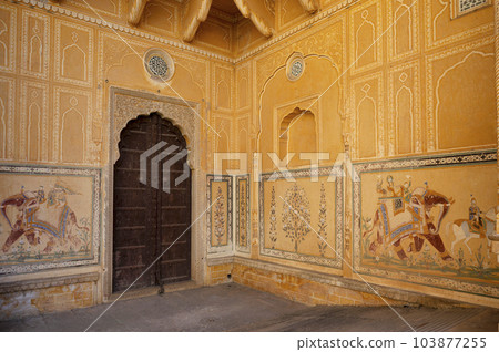 Colourful paintings on the inner wall of Shri Madhavendra Bhavan, situated in the premises of Nahargarh Fort, Jaipur, Rajasthan, India 103877255