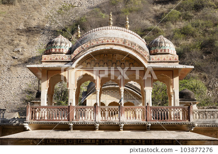 Shri Sitaramji Mandir at Galtaji Mandir, an ancient Hindu pilgrimage, built within a mountain pass in the Aravalli Hills in early 15th century, Jaipur, Rajasthan, India Shri Sitaramji Mandir at Galtaji Mandir, an ancient Hindu pilgrimage, built within a mountain pass in the Aravalli Hills in early 15th century, Jaipur, Rajasthan, India 103877276