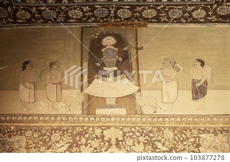 Colourful painting on the inner wall of Shri Gyan Gopalji Mandir, situated in the premises of Galtaji Mandir, Jaipur, Rajasthan, India Colourful painting on the inner wall of Shri Gyan Gopalji Mandir, situated in the premises of Galtaji Mandir, Jaipur, Rajasthan, India 103877278