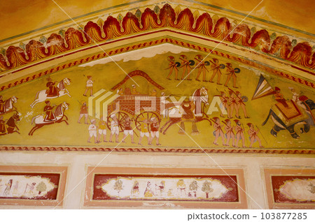 Colourful ceiling of small chhatri near Zanana Kund (Ladies Pool), situated in the premises of Galtaji Mandir, Jaipur, Rajasthan, India Colourful ceiling of small chhatri near Zanana Kund (Ladies Pool), situated in the premises of Galtaji Mandir, Jaipur, Rajasthan, India 103877285
