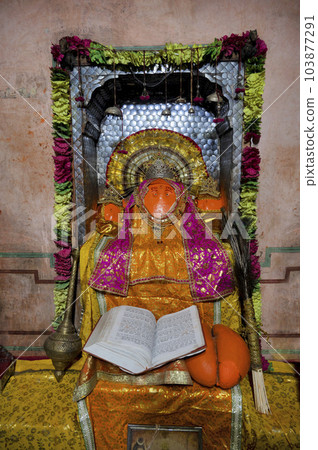 Idol of Lord Hanuman in Shri Sitaramji Mandir, situated in the premises of Galtaji Mandir, built within a mountain pass in the Aravalli Hills in early 15th century, Jaipur, Rajasthan, India Idol of Lord Hanuman in Shri Sitaramji Mandir, situated in the premises of Galtaji Mandir, built within a mountain pass in the Aravalli Hills in early 15th century, Jaipur, Rajasthan, India 103877291