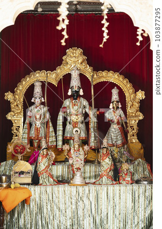 Idols of Lord Ram, Seeta and Lakshman in Shri Sitaramji Mandir, situated in the premises of Galtaji Mandir, built within a mountain pass in the Aravalli Hills in early 15th century, Jaipur, Rajasthan, Idols of Lord Ram, Seeta and Lakshman in Shri Sitaramji Mandir, situated in the premises of Galtaji Mandir, built within a mountain pass in the Aravalli Hills in early 15th century, Jaipur, Rajasthan, 103877295