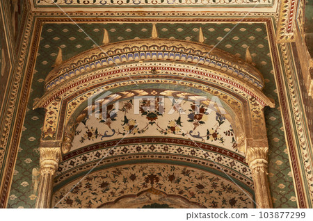 Colourful painting on the inner wall of Shri Sitaramji Mandir, situated in the premises of Galtaji Mandir, built within a mountain pass in the Aravalli Hills in early 15th century, Jaipur, Rajasthan, Colourful painting on the inner wall of Shri Sitaramji Mandir, situated in the premises of Galtaji Mandir, built within a mountain pass in the Aravalli Hills in early 15th century, Jaipur, Rajasthan, 103877299