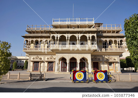 Exteriors of the Mubarak Mahal courtyard, fully developed as late as 1900, City Palace, Jaipur, Rajasthan, India Exteriors of the Mubarak Mahal courtyard, fully developed as late as 1900, City Palace, Jaipur, Rajasthan, India 103877346