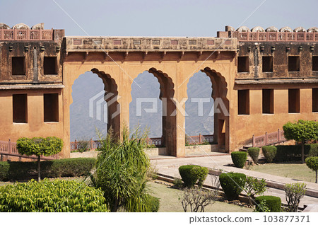 Char Bagh Garden and interiors of Jaigarh Fort is situated on Cheel ka Teela or Hill of Eagles of the Aravalli range, it overlooks the Amer Fort and the Maota Lake, near Amer Jaipur, Rajasthan, India Char Bagh Garden and interiors of Jaigarh Fort is situated on Cheel ka Teela or Hill of Eagles of the Aravalli range, it overlooks the Amer Fort and the Maota Lake, near Amer Jaipur, Rajasthan, India 103877371