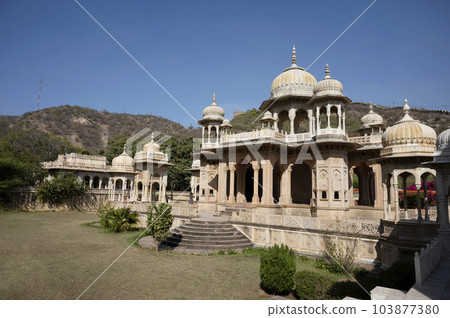 Gaitore Ki Chhatriyan, this site features traditional funeral monuments honouring royal men of the past, Maharaja Jai Singh II, the founder of Jaipur, Nahargarh Fort, located in Jaipur, Rajasthan, Gaitore Ki Chhatriyan, this site features traditional funeral monuments honouring royal men of the past, Maharaja Jai Singh II, the founder of Jaipur, Nahargarh Fort, located in Jaipur, Rajasthan, 103877380