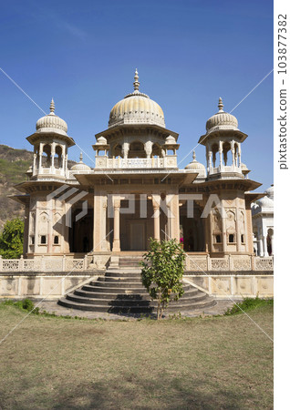 Gaitore Ki Chhatriyan, this site features traditional funeral monuments honouring royal men of the past, Maharaja Jai Singh II, the founder of Jaipur, Nahargarh Fort, located in Jaipur, Rajasthan, Gaitore Ki Chhatriyan, this site features traditional funeral monuments honouring royal men of the past, Maharaja Jai Singh II, the founder of Jaipur, Nahargarh Fort, located in Jaipur, Rajasthan, 103877382
