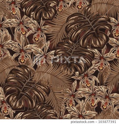 Brown camo pattern with tropical leaves, orchyds 103877391