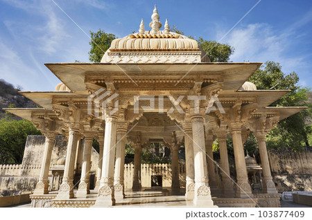 Gaitore Ki Chhatriyan, this site features traditional funeral monuments honouring royal men of the past, Maharaja Jai Singh II, the founder of Jaipur, Nahargarh Fort, located in Jaipur, Rajasthan, 103877409