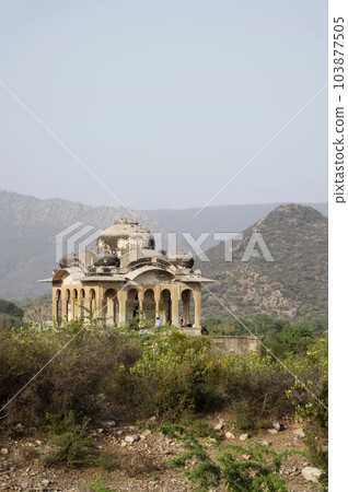 Ruins of an old tomb near the Bhangarh Fort, is a 16th-century fort built in 1573, Alwar district, Rajasthan, India Ruins of an old tomb near the Bhangarh Fort, is a 16th-century fort built in 1573, Alwar district, Rajasthan, India 103877505