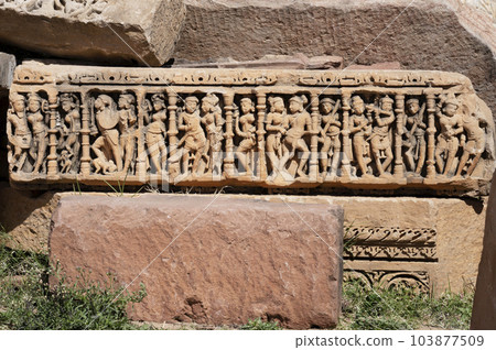 Carved idols on the pillar of Harshnath Temple, an ancient Hindu temple dedicated to Lord Shiva, situated on the top of a hill at Harsh Ki Pahadi, dated 973 CE, Sikar, Rajasthan, India Carved idols on the pillar of Harshnath Temple, an ancient Hindu temple dedicated to Lord Shiva, situated on the top of a hill at Harsh Ki Pahadi, dated 973 CE, Sikar, Rajasthan, India 103877509