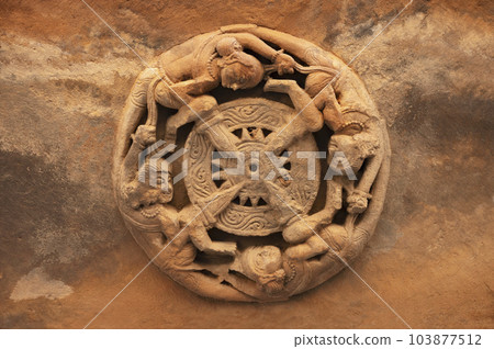 Carved idols on the inner pillar of Harshnath Temple, an ancient Hindu temple dedicated to Lord Shiva, situated on the top of a hill at Harsh Ki Pahadi, dated 973 CE, Sikar, Rajasthan, India 103877512