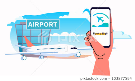 human hand using booking flight mobile app on smartphone airport terminal with aircraft flying plane taking off 103877594