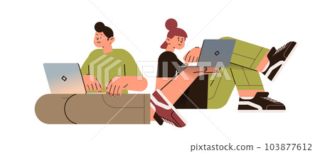 man woman couple using laptops social media communication digital addiction freelance concept 103877612