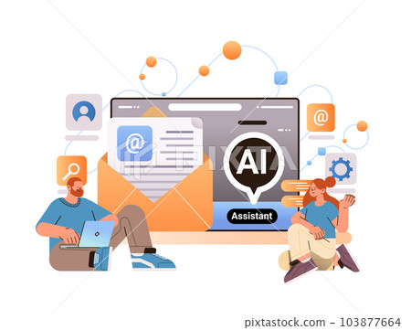 businesspeople using computer app with email assistant ai helper bot internet chatting feedback online form talk to customers businesspeople using computer app with email assistant ai helper bot internet chatting feedback online form talk to customers 103877664