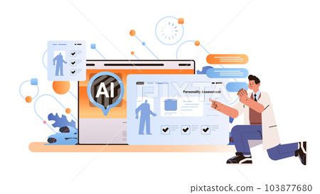 man giving check on checkbox in achievement list with ai helper bot personality assessment generation work improvement 103877680