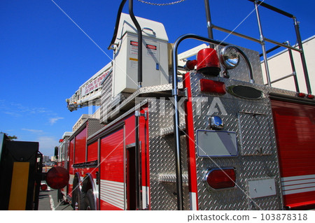 Firefighting ladder truck (rear) of the U.S. Forces in Japan on display at the event venue Firefighting ladder truck (rear) of the U.S. Forces in Japan on display at the event venue 103878318