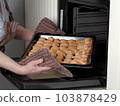 A woman takes a baking sheet with delicious homemade cookies out of the oven. The concept of fresh homemade baking. 103878429