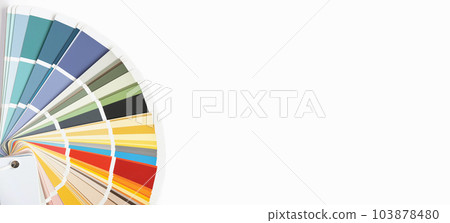 Color guide. Assortment of colors for design. Colors palette fan. White background. Designer chooses palette guide. Coloured swatches catalogue 103878480