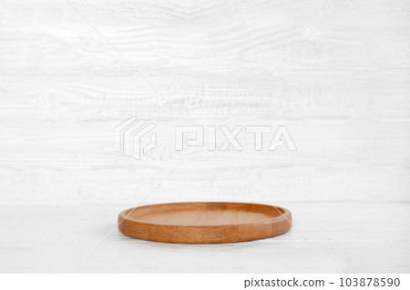 Round Wooden Podium for Food, Products against White Wood Textured Wall. Empty Natural Form. Pedestal Showing Eco Organic Cosmetics, Jewelry. Trendy Minimal Style Mock Up. Neutral Studio Background Round Wooden Podium for Food, Products against White Wood Textured Wall. Empty Natural Form. Pedestal Showing Eco Organic Cosmetics, Jewelry. Trendy Minimal Style Mock Up. Neutral Studio Background 103878590