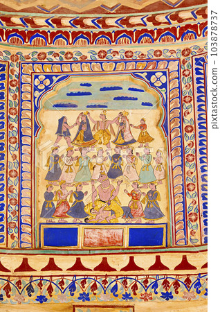 Colourful mythological paintings on the ceiling of Goenka Chhatri, situated near Shivgarh Fort, now converted in to a Heritage Hotel. It was built by Thakur Kesri Singh Ji in 1750, located in Dundlod, Colourful mythological paintings on the ceiling of Goenka Chhatri, situated near Shivgarh Fort, now converted in to a Heritage Hotel. It was built by Thakur Kesri Singh Ji in 1750, located in Dundlod, 103878737