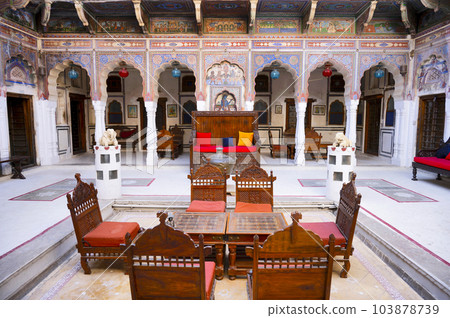 Interiors of the Mandawa haveli, now converted in to a Heritage Hotel, built in 1890, located in Mandawa, Shekhawati, Rajasthan, India 103878739