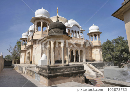Exteriors of Podar Chhatri, located in Bissau, Shekhawati, this region was ruled by Shekhawat Rajputs and it is named after Rao Shekha, 17th to 19th century, Rajasthan, India Exteriors of Podar Chhatri, located in Bissau, Shekhawati, this region was ruled by Shekhawat Rajputs and it is named after Rao Shekha, 17th to 19th century, Rajasthan, India 103878783